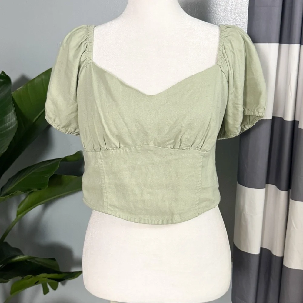 Hollister Sage Green Puff Sleeve Crop Top Linen Blend Size Large